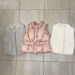 Grey Oshkosh, Pink Bubble Baby Gap and Ivory Fur Carter’s Vests